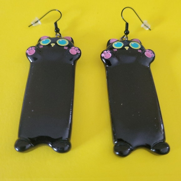 NWT Black Cat Earrings Blue Eyed Cats BIG Wild And Crazy Cat Lady Hypoallergenic - Picture 7 of 7